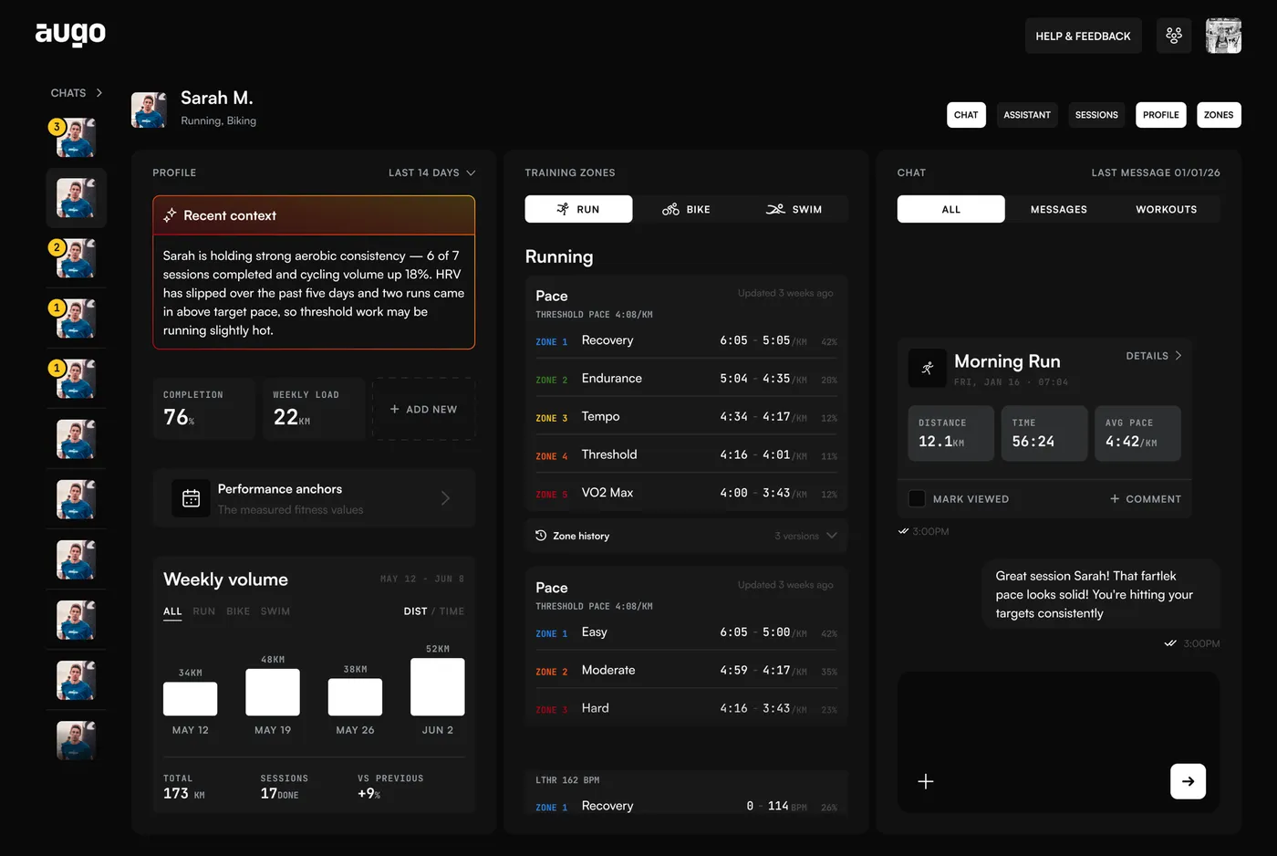 augo web app — coach dashboard with athlete profile, training zones and chat