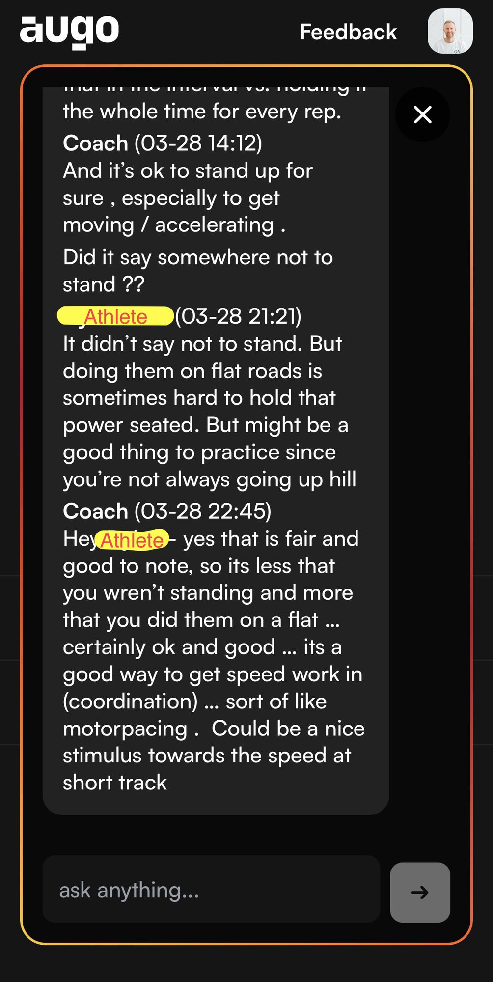 augo app screenshot of the coach and athlete discussing why standing to reach power on flat roads is useful speed work for short-track mountain biking.