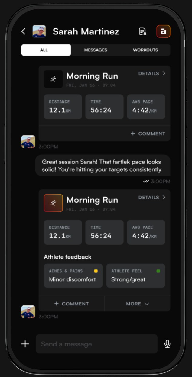 A coach–athlete thread in the augo mobile app, filtered by All, Messages or Workouts: a Morning Run card sits inline in the conversation with distance, time and average pace, followed by the coach's reply about fartlek pace, and a second session carrying the athlete's own feedback on aches and pains and how the session felt.