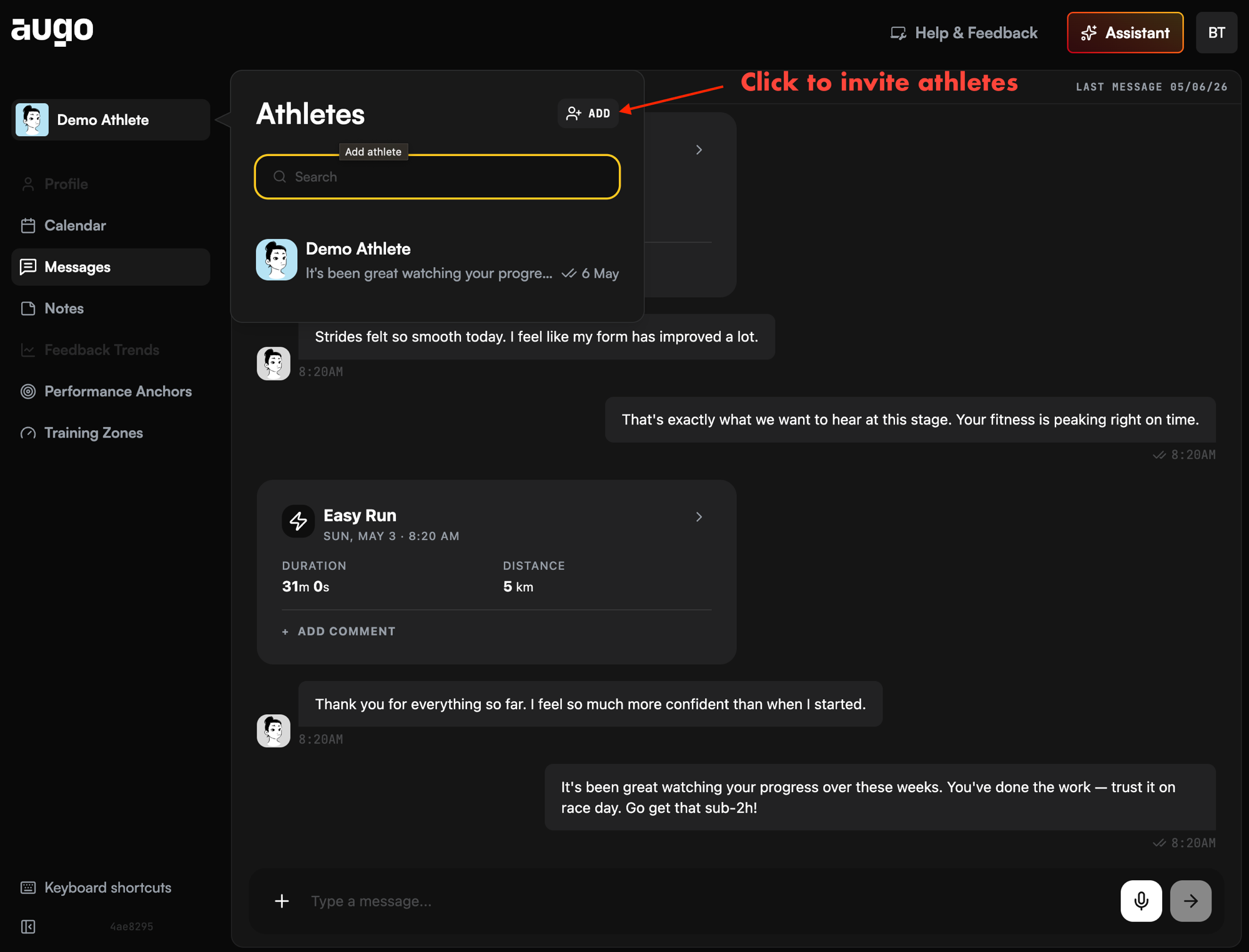 The augo web app with the Athletes panel open and the ADD button highlighted in the top right of the panel