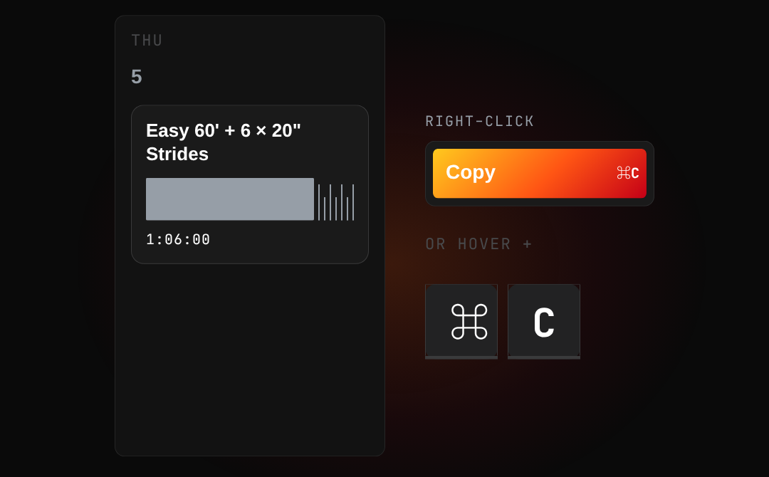 A workout card on Thursday with the right-click menu showing Copy and the ⌘C shortcut