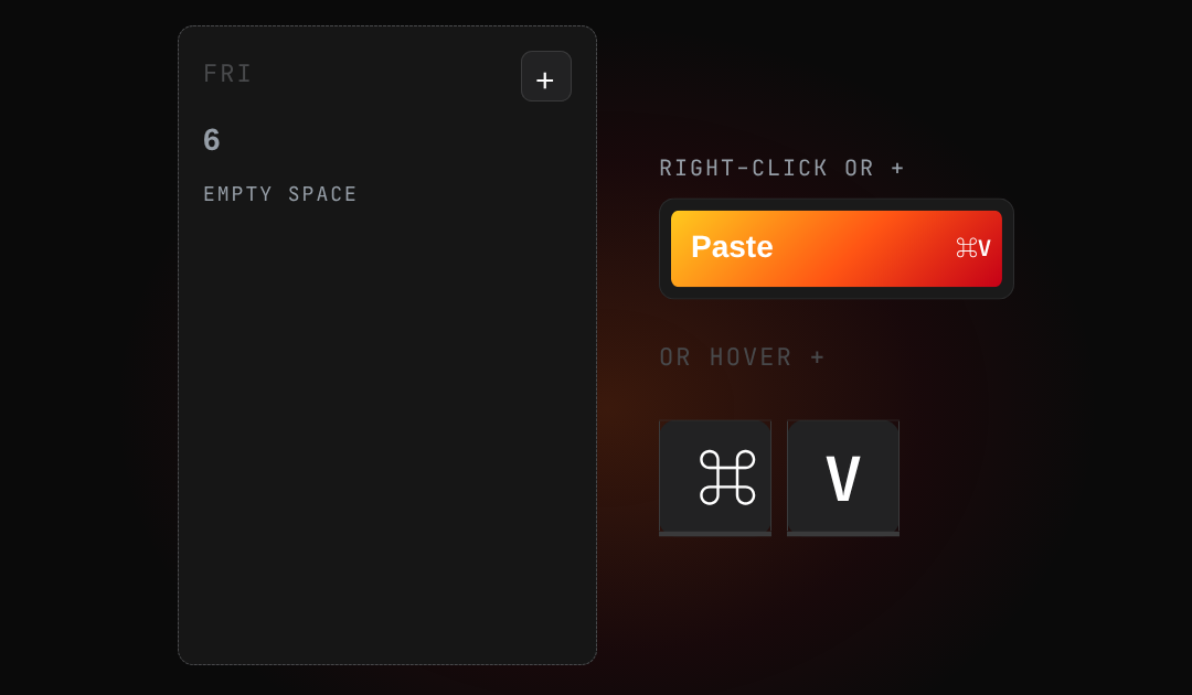 An empty Friday on the calendar next to the Paste menu item with the ⌘V shortcut